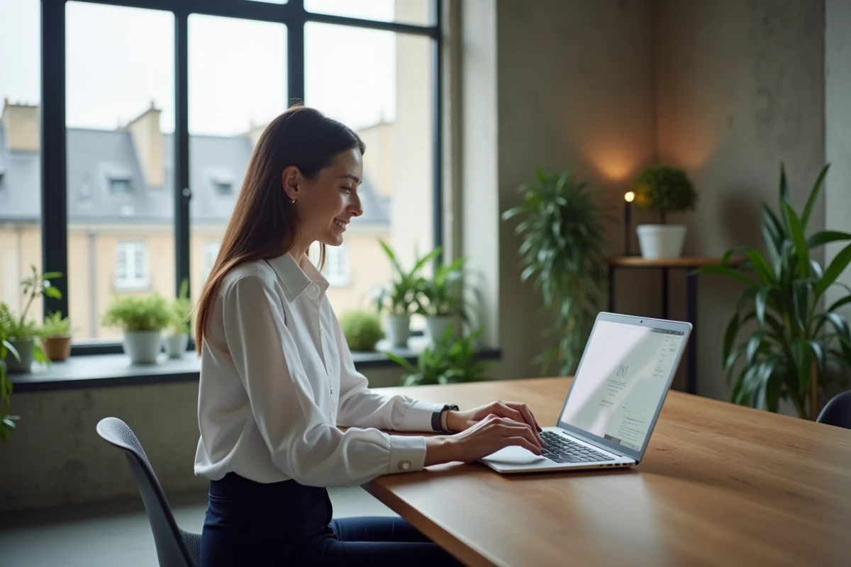 Femme professionnelle utilisant une plateforme d'intelligence artificielle française sur un ordinateur portable dans un espace de coworking parisien moderne