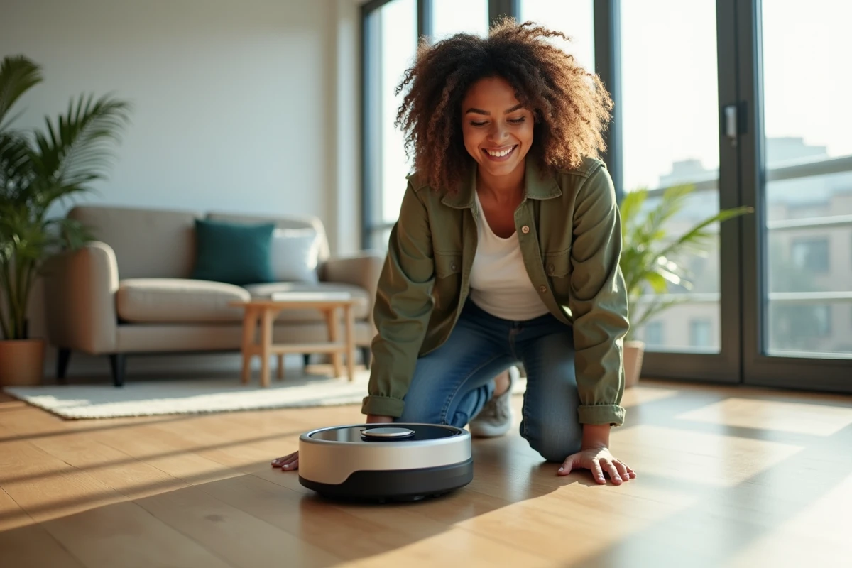 Femme découvrant un robot domestique connecté dans un appartement moderne en 2024