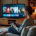 Jeune femme en pull gris regardant un film en streaming sur sa télévision depuis son canapé