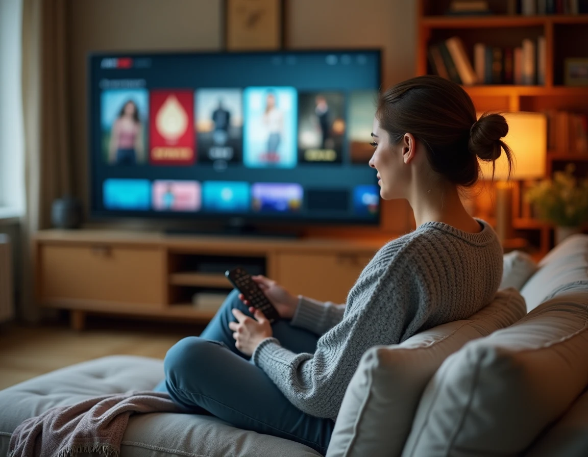 Jeune femme en pull gris regardant un film en streaming sur sa télévision depuis son canapé