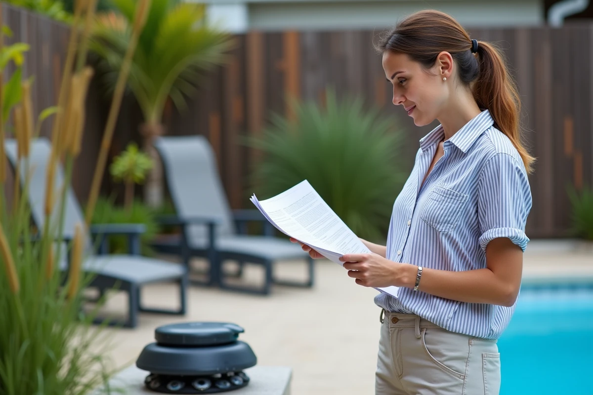 Femme examinant un système de filtration alternatif pour piscine sans skimmer classique dans un jardin résidentiel