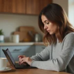 Femme consultant la une des journaux en ligne sur une tablette dans sa cuisine le matin