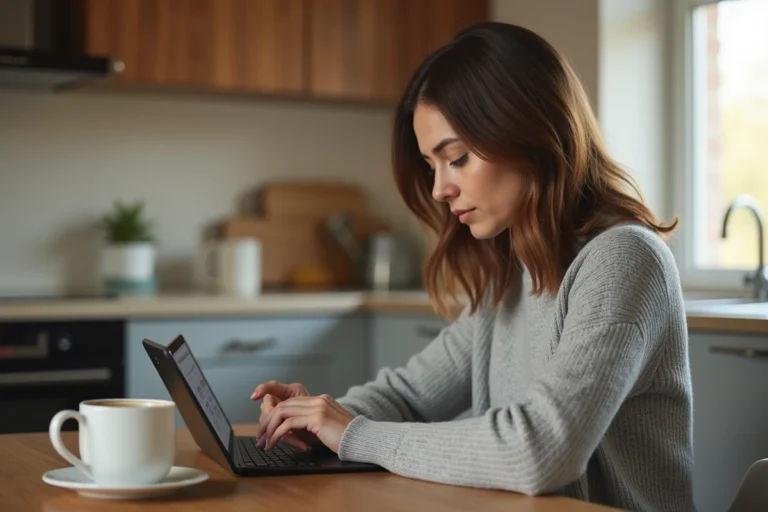 Femme consultant la une des journaux en ligne sur une tablette dans sa cuisine le matin