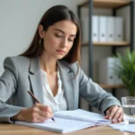 Jeune femme concentrée remplissant un test psychotechnique imprimé dans un bureau moderne