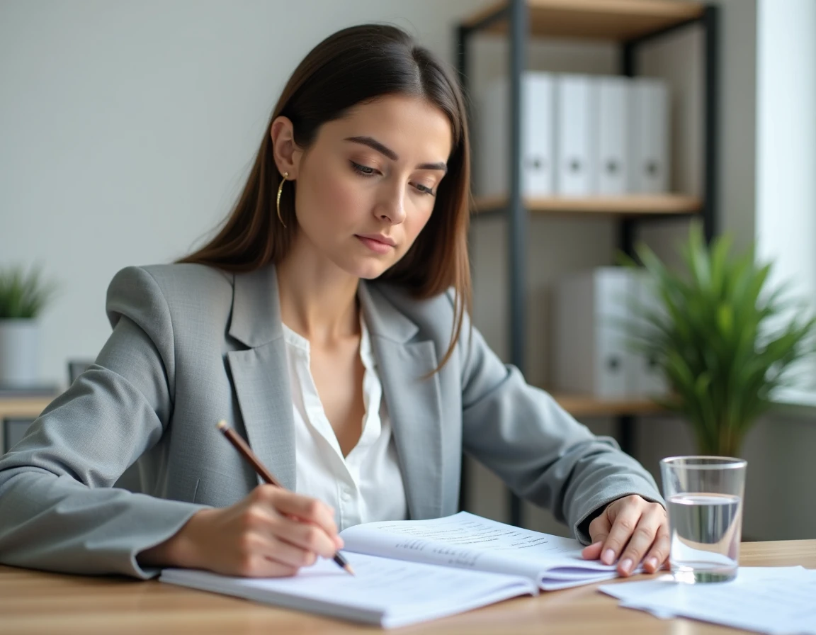 Jeune femme concentrée remplissant un test psychotechnique imprimé dans un bureau moderne