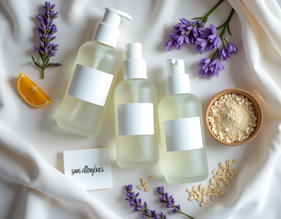Flatlay de flacons de parfum hypoallergéniques entourés d'ingrédients naturels comme la lavande et la camomille pour peaux sensibles
