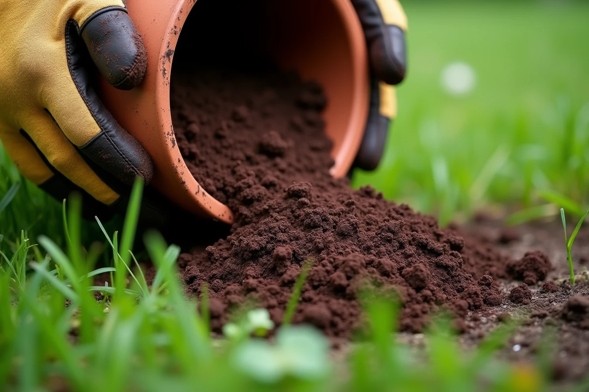 Gros plan sur du fumier composté versé sur une pelouse avec des brins d'herbe et des gants de jardinage