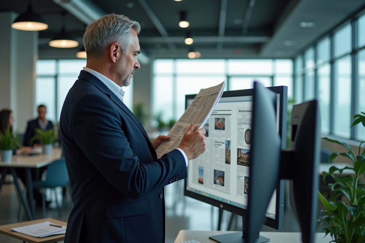Homme en costume consultant des journaux en ligne sur un ordinateur dans un bureau moderne