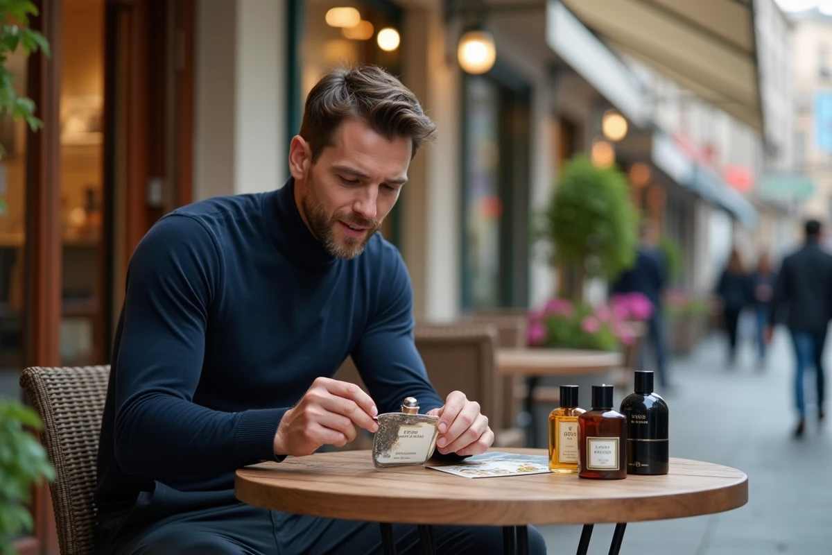 Homme en pull navy examinant un parfum en extérieur