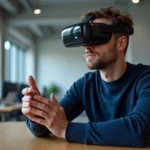 Homme portant un casque de réalité augmentée dans un bureau tech moderne en 2024