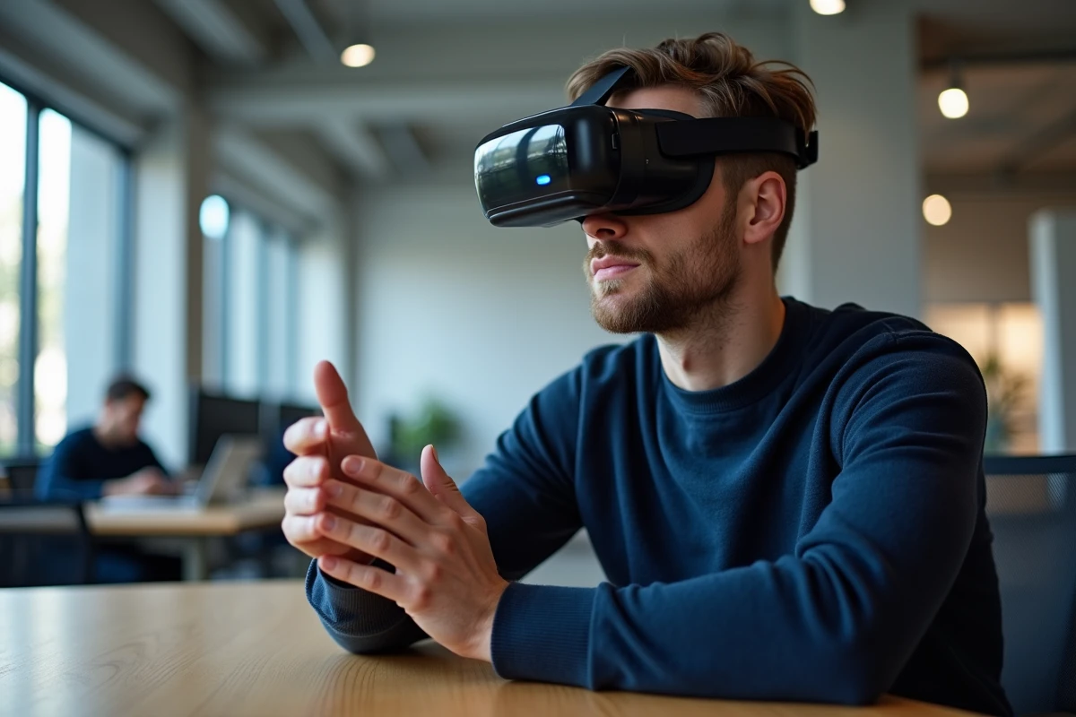 Homme portant un casque de réalité augmentée dans un bureau tech moderne en 2024