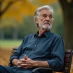 Homme de 60 ans pensif assis seul sur un banc de parc en automne, illustrant la crise de la soixantaine