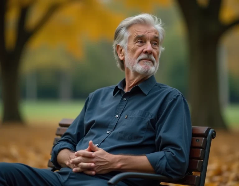 Homme de 60 ans pensif assis seul sur un banc de parc en automne, illustrant la crise de la soixantaine