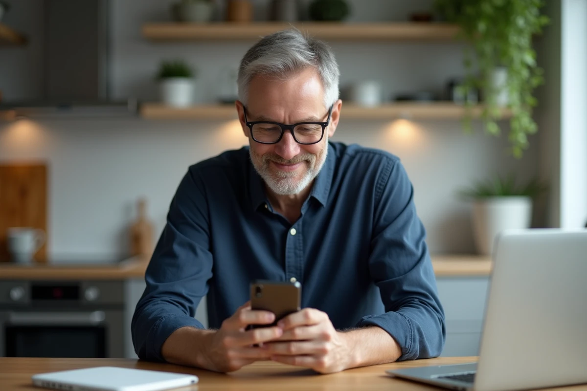 Homme détendu à la maison vérifiant son smartphone à la cuisine