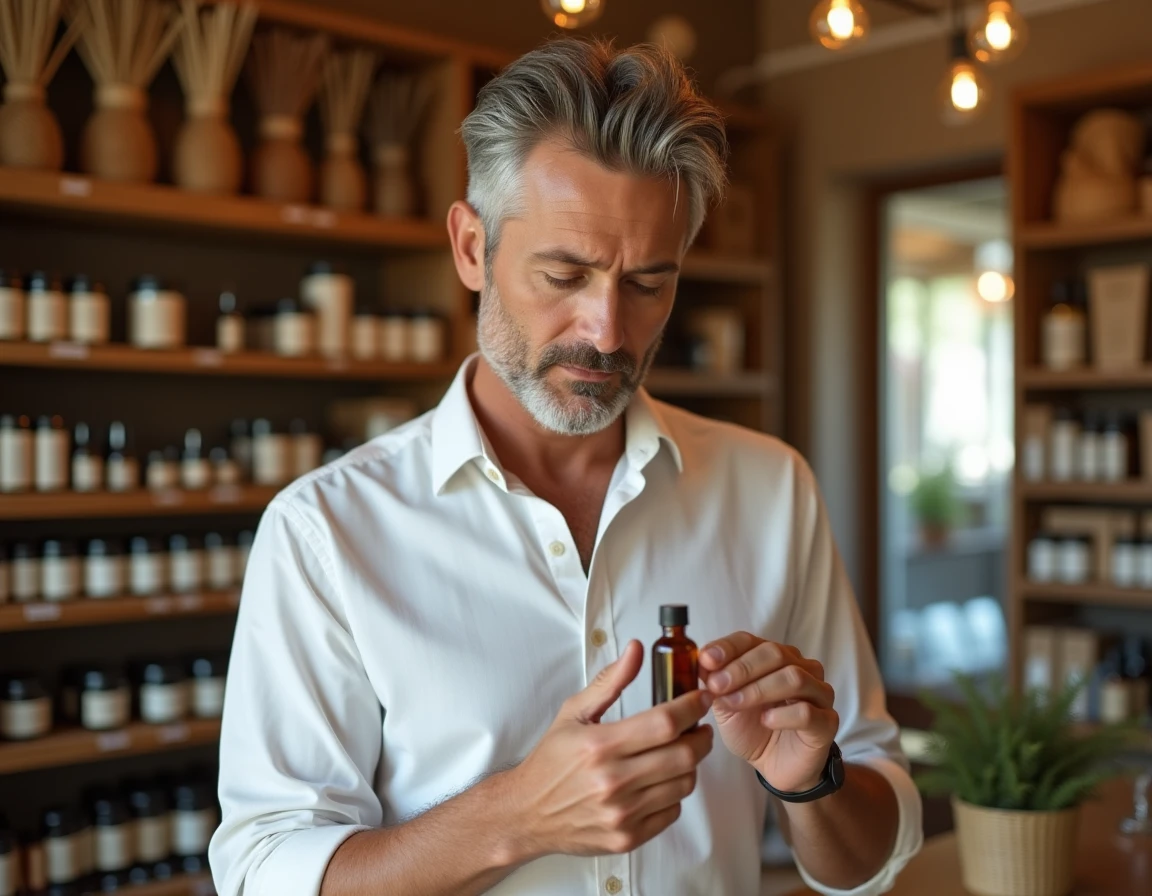 Homme lisant l'étiquette d'un parfum naturel dans une boutique de cosmétiques bio pour peaux sensibles
