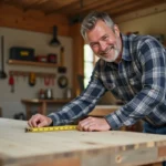 Homme d'âge moyen mesurant une étagère en bois dans un atelier
