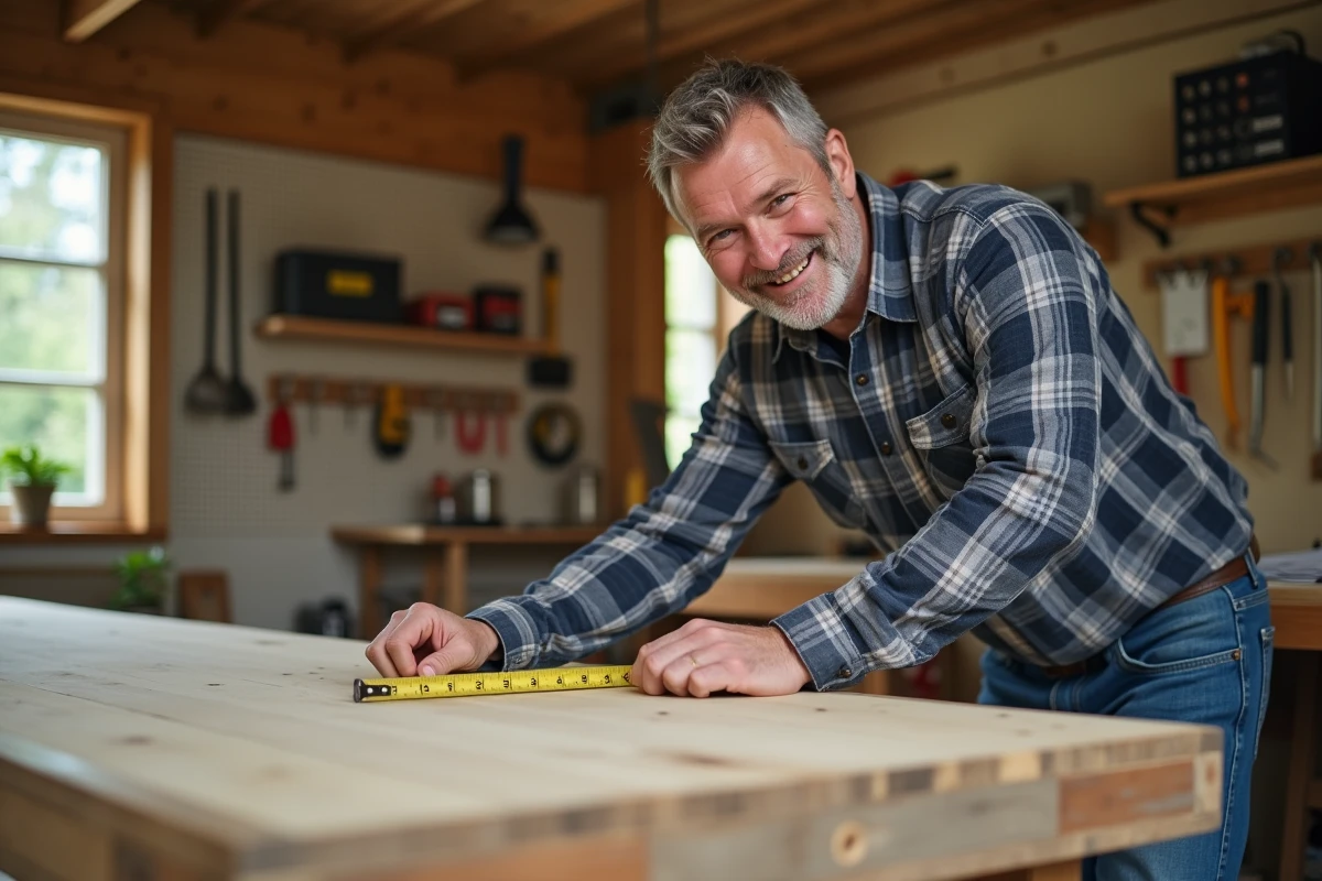 Homme d'âge moyen mesurant une étagère en bois dans un atelier