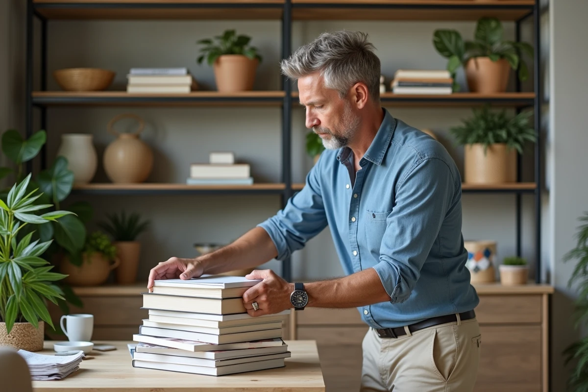 Homme ajustant des livres dans un bureau contemporain chaleureux