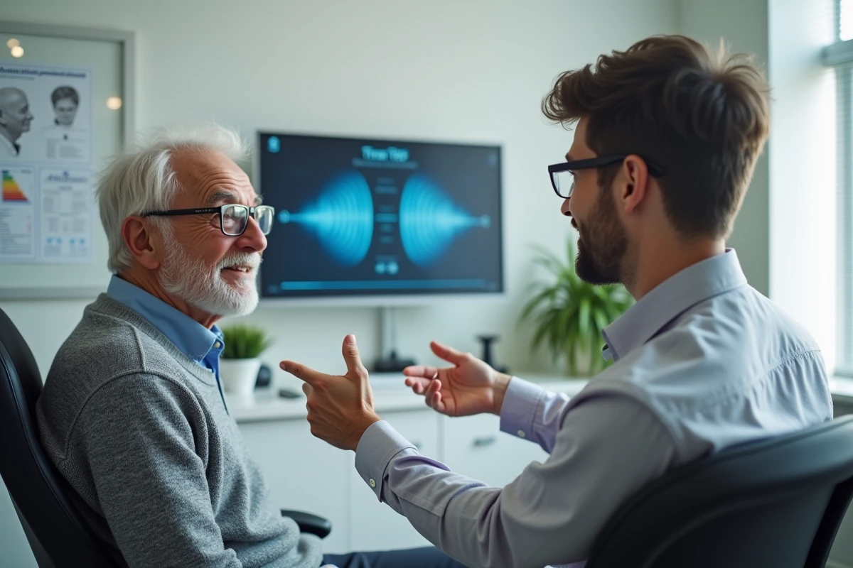 Homme âgé discutant avec un audiologue dans un cabinet lumineux