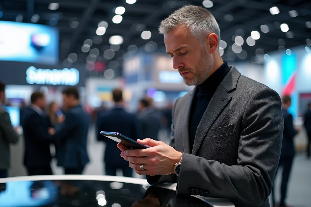 Homme examinant un smartphone pliable lors d'un salon high-tech en 2024