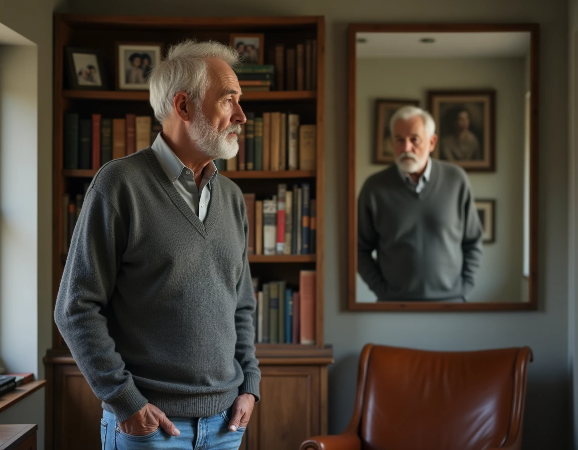 Homme d'une soixantaine d'années se regardant dans un miroir dans son bureau à domicile, questionnement identitaire à 60 ans