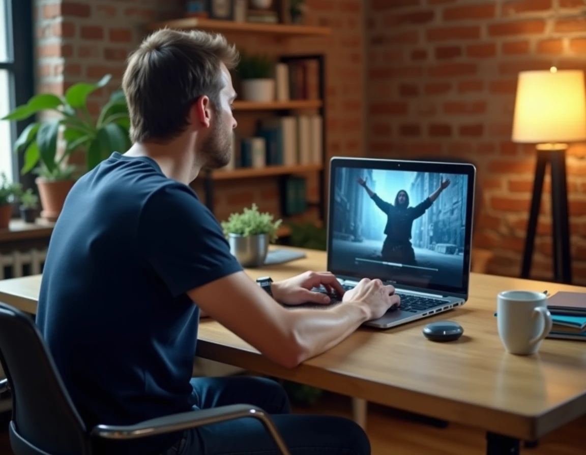 Homme regardant un film en streaming sur son ordinateur portable dans un bureau à domicile