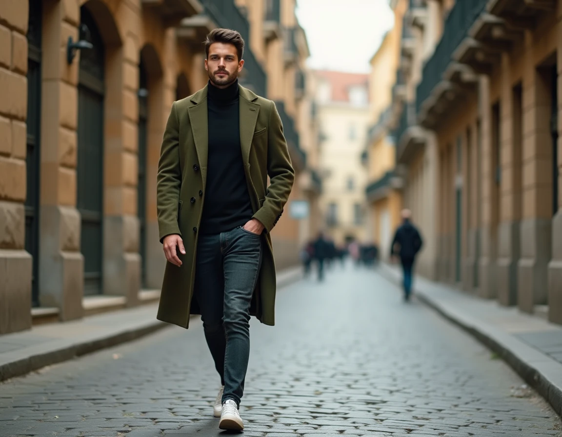 Homme stylé en manteau olive marchant dans une rue pavée européenne avec un look tendance urbain