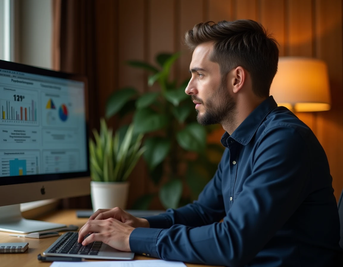 Homme professionnel passant un test psychotechnique en ligne sur ordinateur portable à domicile