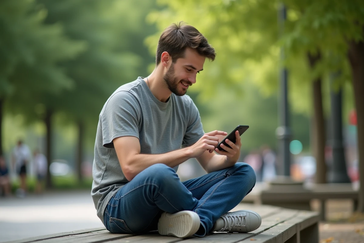Jeune homme sur un banc de parc utilisant son smartphone