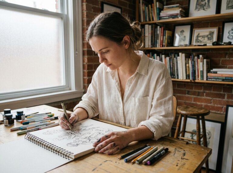 Illustratrice travaillant sur des croquis de personnages dans un studio artistique avec des livres d'art et du matériel de dessin