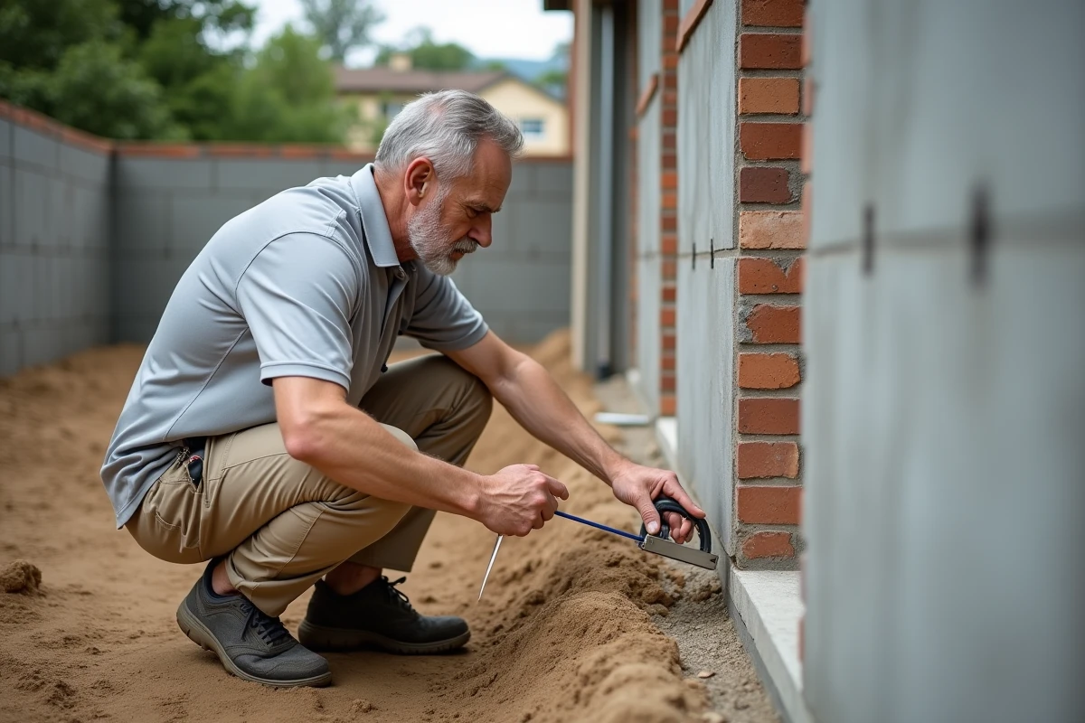 Inspecteur immobilier examinant la maçonnerie d'une maison neuve lors d'une visite professionnelle de chantier