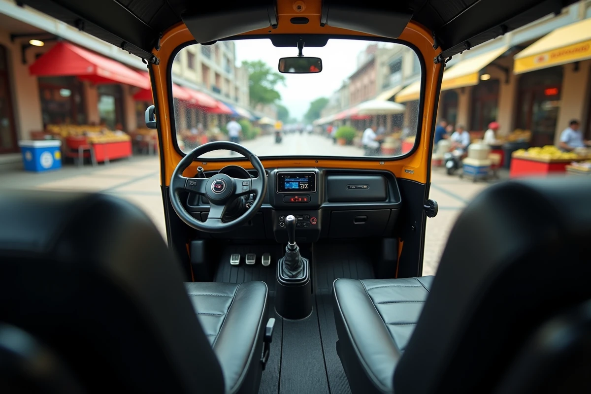 Intérieur du tableau de bord d'un tuk tuk électrique avec affichage numérique de la batterie et siège passager en tissu sombre