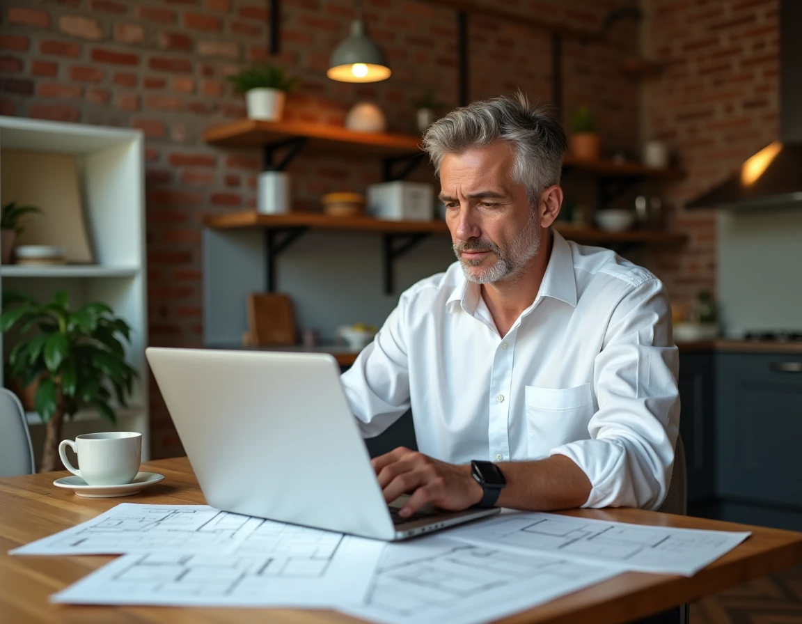 Investisseur immobilier analysant des données financières sur ordinateur portable dans un appartement rénové