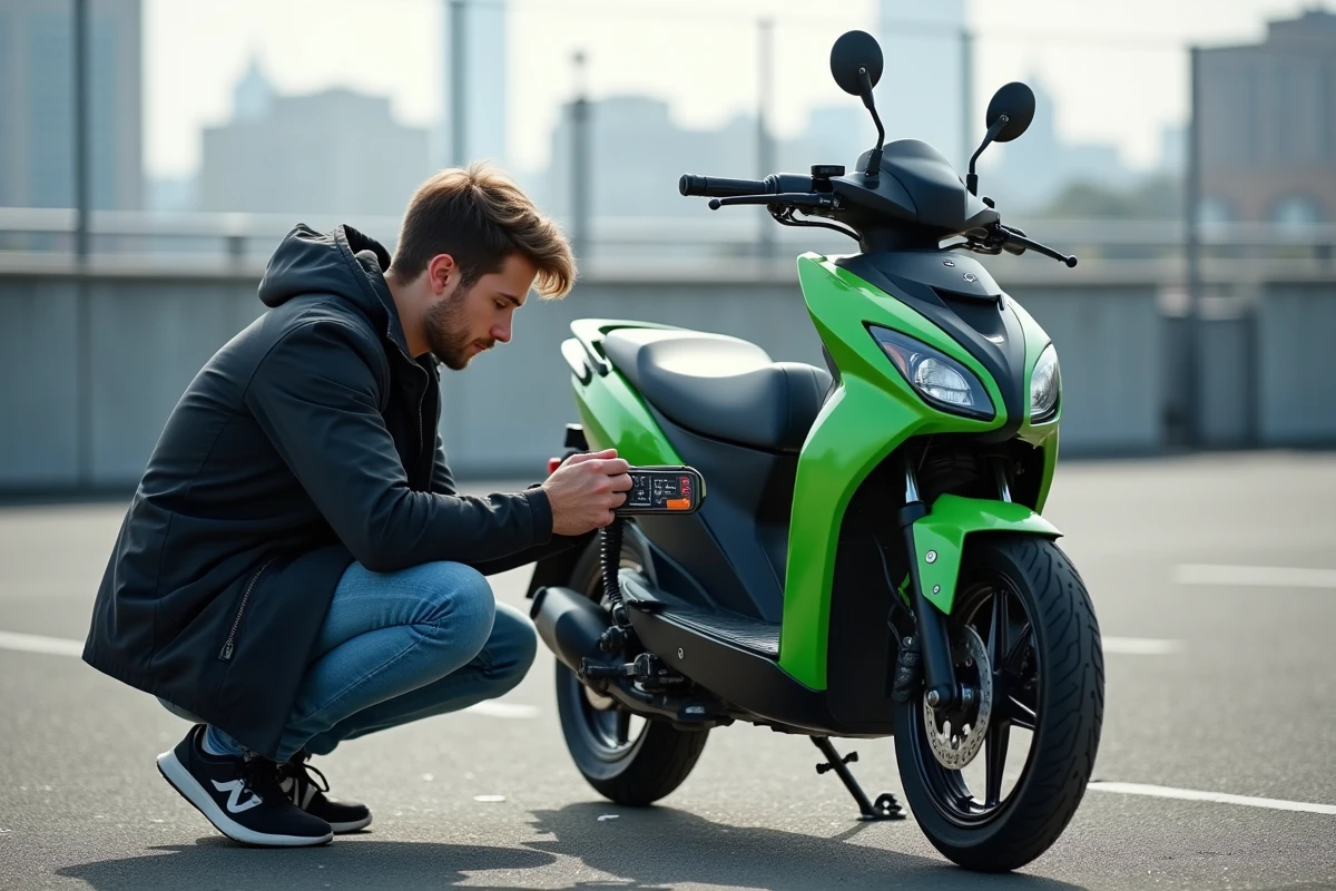 Jeune homme vérifiant une moto électrique en extérieur