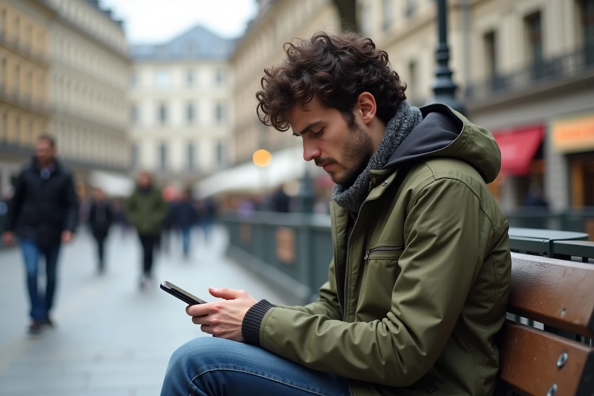 Jeune homme lisant les titres de journaux en ligne sur son smartphone dans un espace urbain