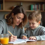 Mère aidant son fils à faire ses devoirs à la table de cuisine, ambiance chaleureuse et bienveillante au quotidien