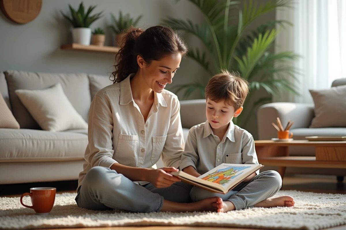 Mère et fils lisant ensemble un livre illustré sur le tapis du salon, moment de partage éducatif et affectueux