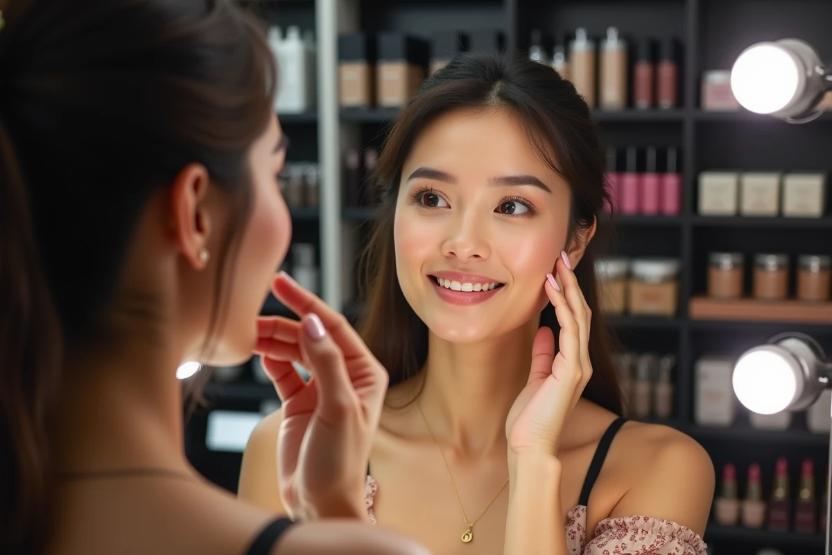 Femme admirant son maquillage mise en beauté réalisé chez Sephora devant un grand miroir illuminé en magasin