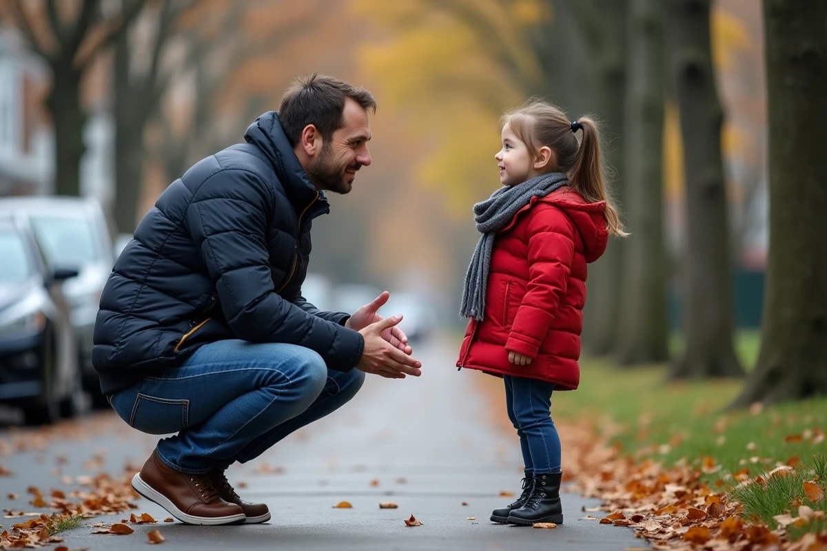 Père accroupi parlant à sa fille en bas âge dans une rue en automne, moment de guidance parentale bienveillante