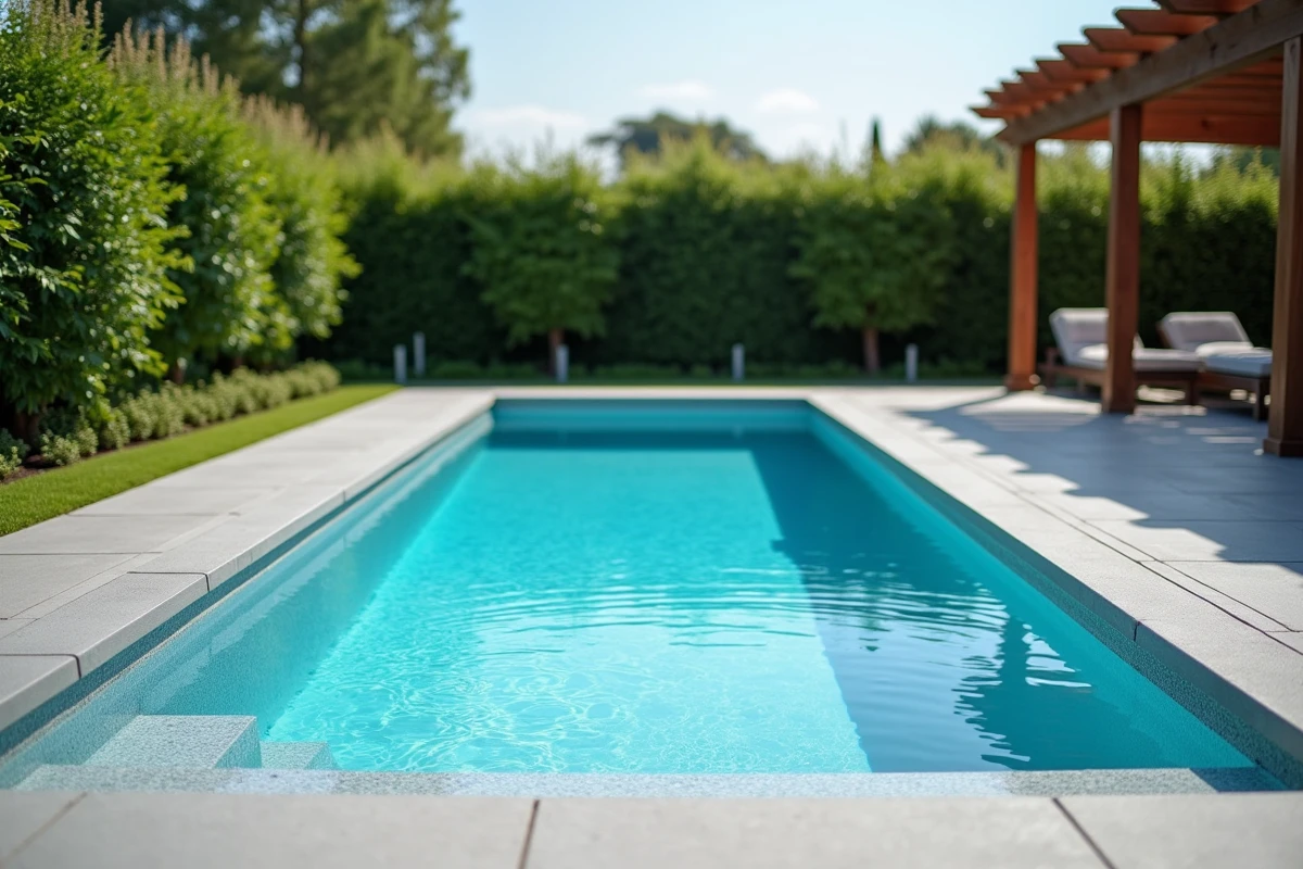 Piscine résidentielle sans skimmer avec canal de débordement intégré, eau claire et plage béton contemporaine