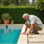 Homme inspectant le bord d'une piscine résidentielle sans skimmer installé, jardin méditerranéen en arrière-plan