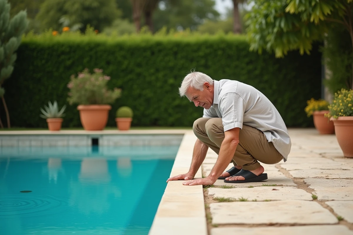 Homme inspectant le bord d'une piscine résidentielle sans skimmer installé, jardin méditerranéen en arrière-plan