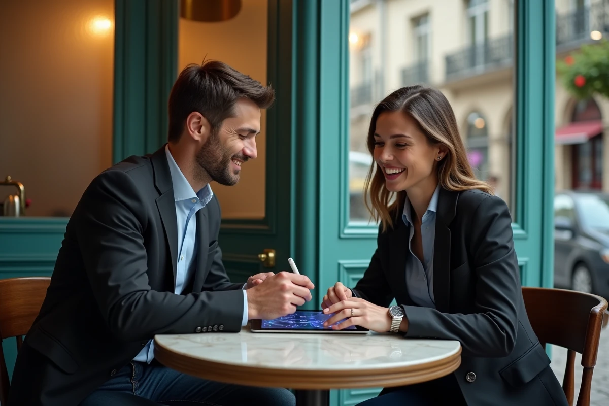 Deux professionnels français discutant d'une plateforme d'intelligence artificielle française sur une tablette dans un café parisien typique