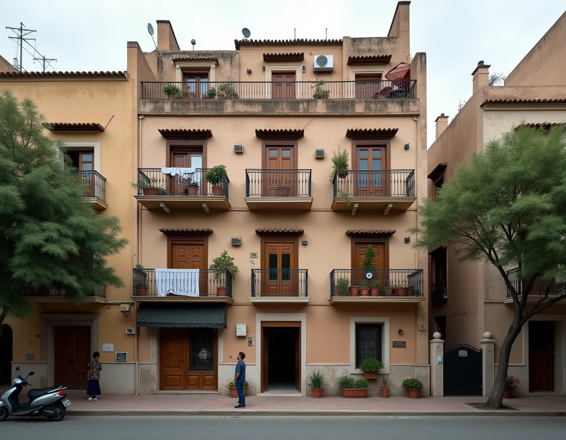 Quartier résidentiel typique de Rabat avec immeubles d'appartements et rue animée au Maroc