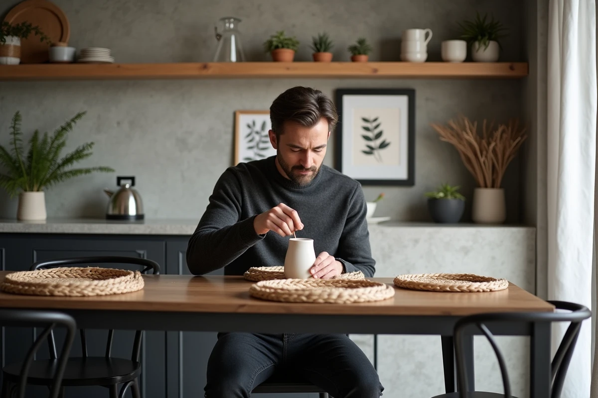 Homme dans une salle à manger urbaine au style Japandi avec table en chêne fumé, étagères en bois et décoration minimaliste tendance
