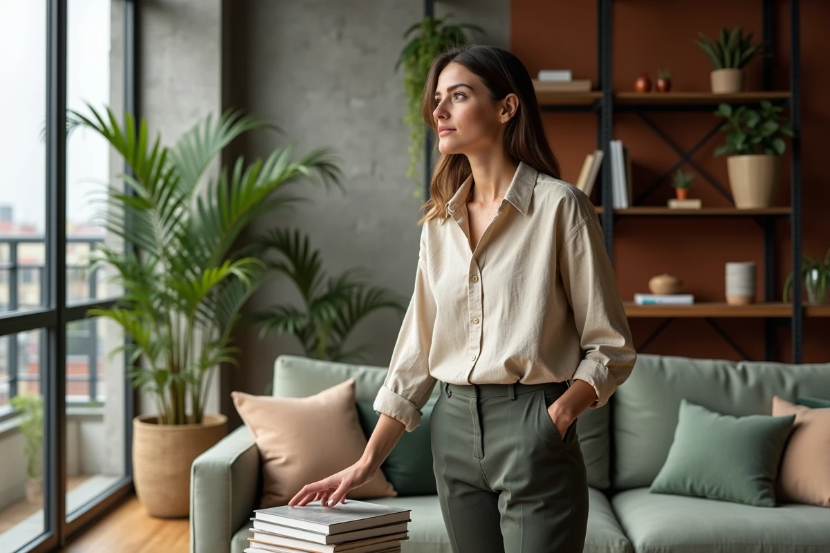 Femme dans un salon urbain moderne avec murs en béton brut, étagères industrielles et décoration tendance en tons neutres et terracotta
