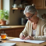 Senior femme retraite organisant son quotidien avec un agenda et une tasse de thé dans une cuisine chaleureuse