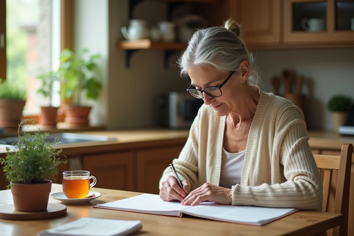 Senior femme retraite organisant son quotidien avec un agenda et une tasse de thé dans une cuisine chaleureuse