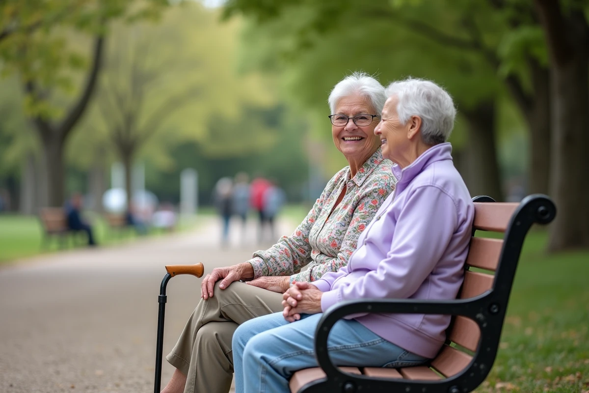 Deux femmes seniors discutant joyeusement sur un banc de parc lors d'une promenade en plein air