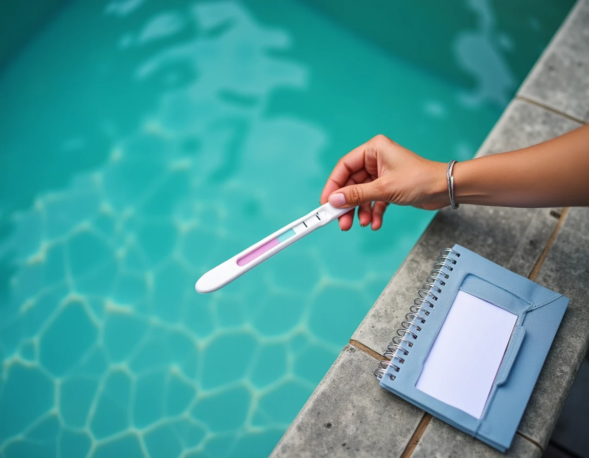 Test de la qualité de l'eau d'une piscine avec une bandelette d'analyse pendant une semaine sans filtration